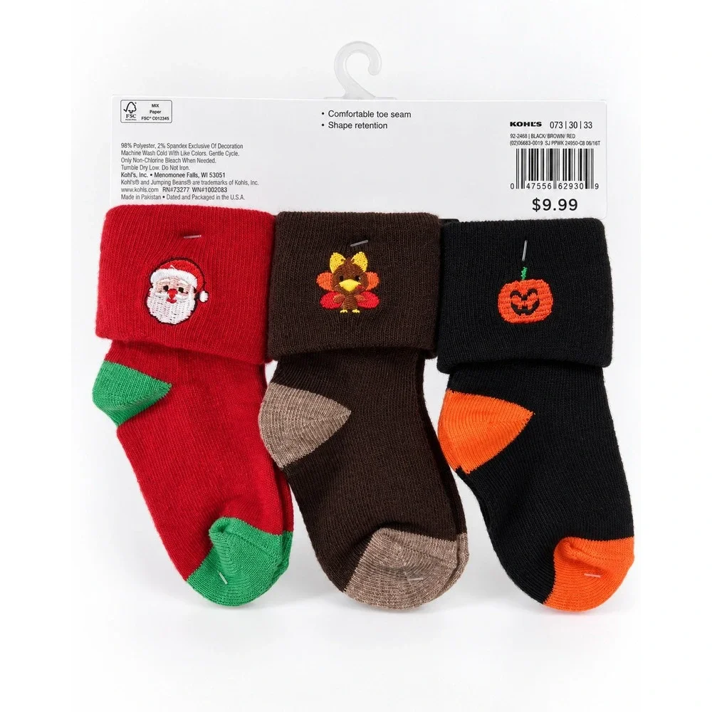Jumping Beans Baby Holiday Socks 3 Pack 12-24M Pumpkin Turkey Santa NWT